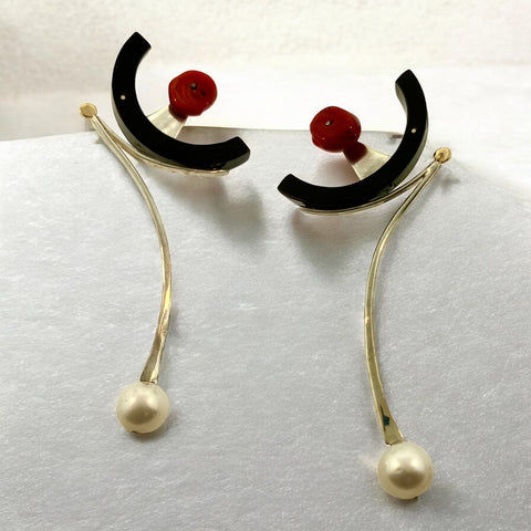 Red Coral, Pearl, Grenadilla Wood Earrings
