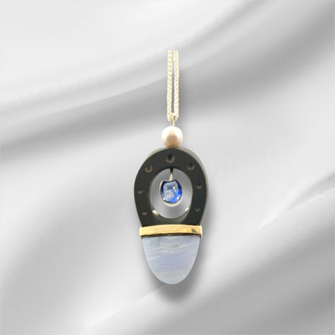 Sapphire, Lace Agate, Pearl Neckace