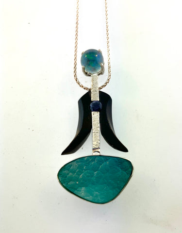 Opal Triplet, Iolite, Smithsonite, and Grenadilla Wood Pendant