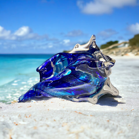 Hand blown cobalt glass conch shell medium size