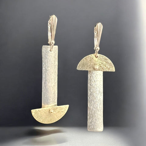 Two Tone Silver/Gold Asymmetrical Slender Half Moon Dangle Earrings
