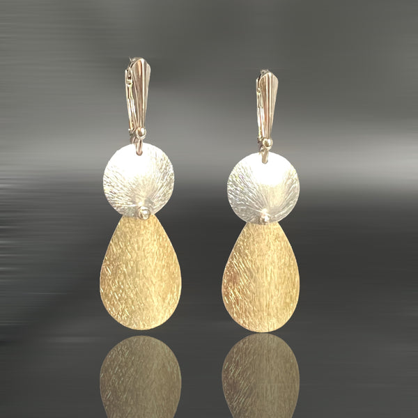 Teardrop and Circle Riveted Silver and Gold Dangle Earrings