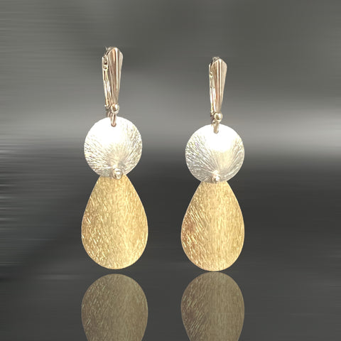 Teardrop and Circle Riveted Silver and Gold Dangle Earrings