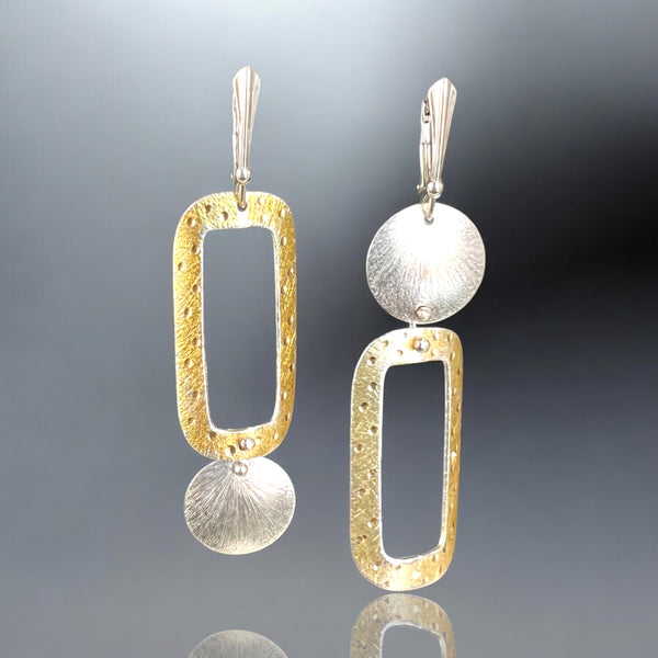 Asymmetrical Two Tone Gold Rectangle and Circle Earrings with Engraved Dots