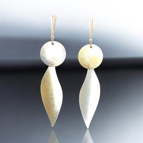 Asymmetrical Two Tone Leaf and Circle Earrings