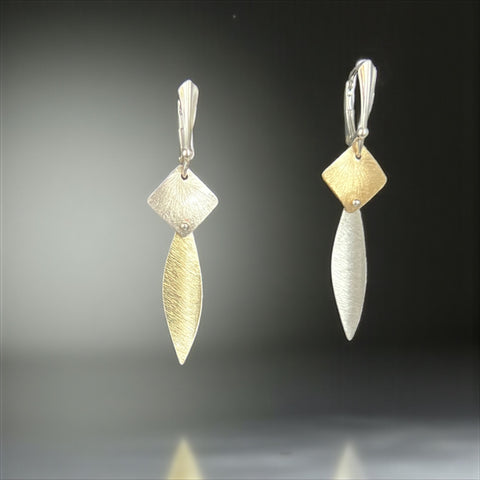 Asymmetrical Gold and Silver Marquise Dangle Earrings