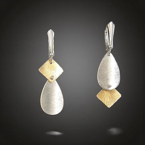 Asymmetrical Silver Teardrop and Diamond Shaped Dangle Earrings
