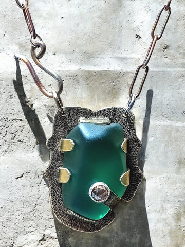 Green Sea Glass and Bronze Necklace