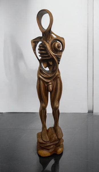 hand carved wood sculpture modern version of Hermaphorditus, a greek god possessing both male and female genetalia.