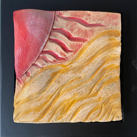 ceramic tile midday bright red sun on beach. framed 8x8