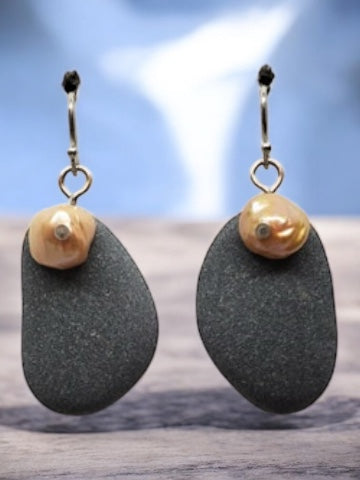 Sterling Basalt Earrings with Pearls