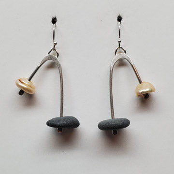 Sterling Basalt Earrings with Peach Pearls