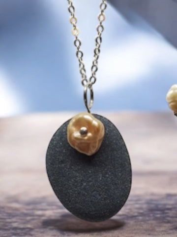 Basalt Stone Pendant with Pearl on Sterling Chain