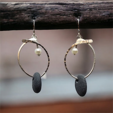 Artisan Hoops Earrings with Basalt Stone