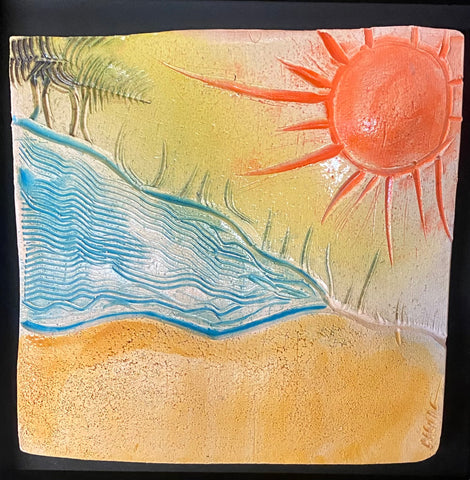 red sun; blue water hand made ceramic tile
