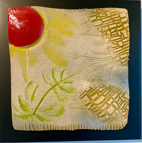 ceramic tile, deep red sun, beach grasses, yellow sky 8x8 framed