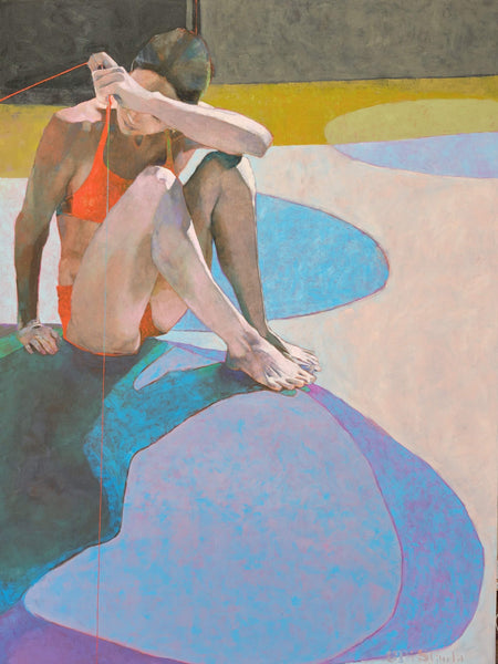 woman in two piece red bathing suit holding string with left hand, reaching over to her right side; colors blue, purple, green, gold and off white