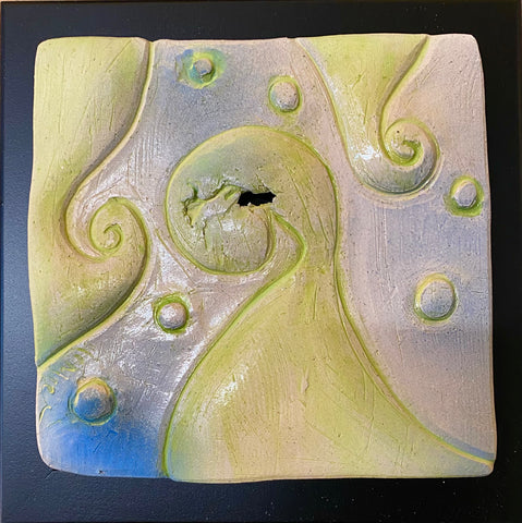 lime spiral and polka dots on ceramic tile framed 8x8