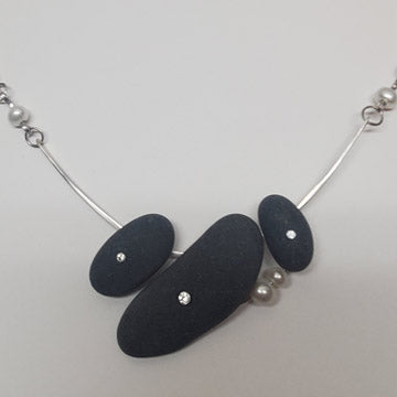Sterling Basalt,White Sapphires and Pearl Necklace