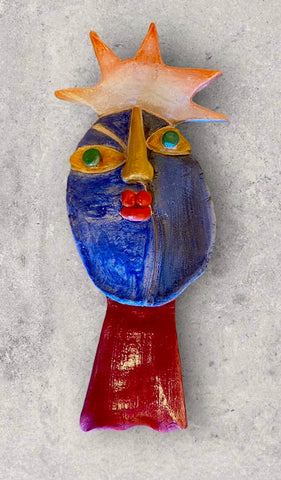 Wall hanging whimsical ceramic sculpture, blue sun face