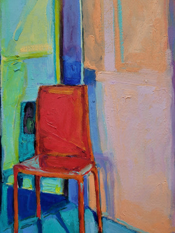 oil painting with red chair in the corner