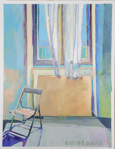 solitary chair inching toward the door and away from an open window with white curtains. Color scheme is soothing blues, green, yellow and lavender 