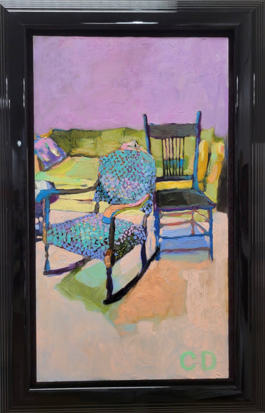two grandparents chairs sitting side by side with lime green couch in the background; purple walls