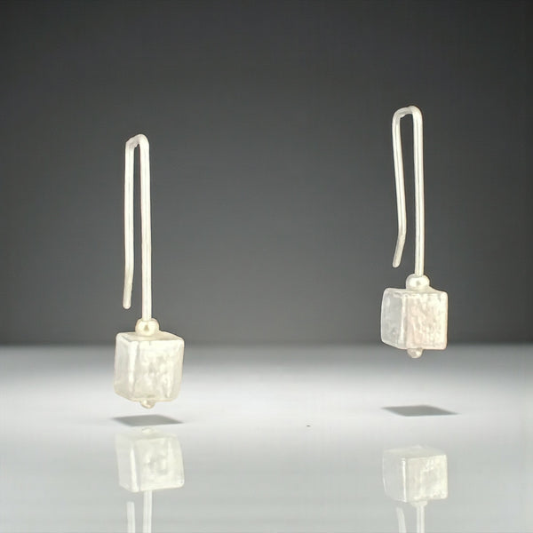 Brushed Cube Drop Silver Earrings