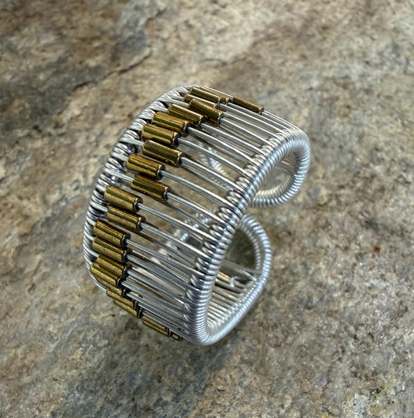 Sterling Silver Ring with Gold Niobium Plated Hematite Tubes