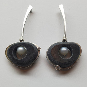 Sterling, Basalt, Pearl and White Sapphire Earrings