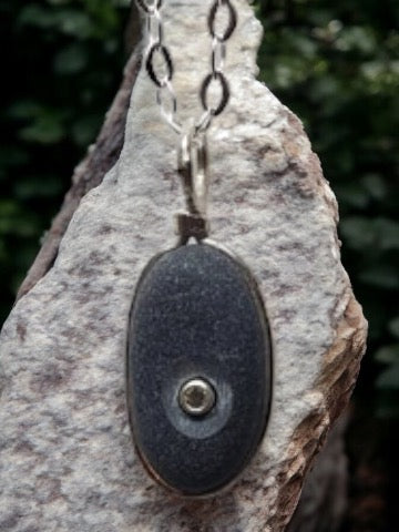 Basalt Sterling Pendant with White Sapphire