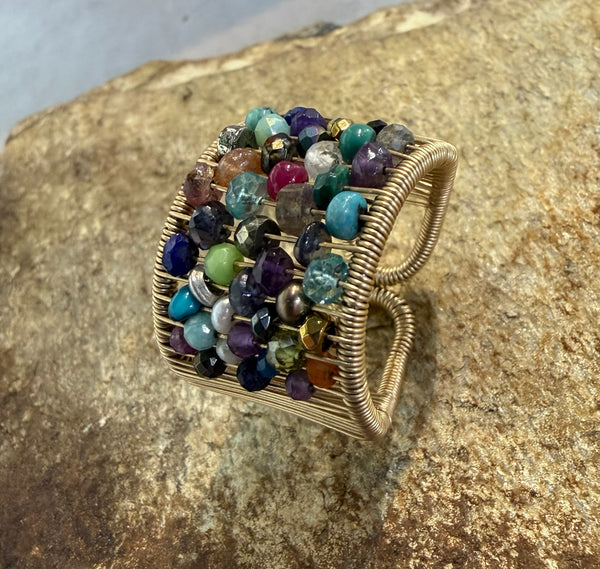 Large Gold Plated Wire Ring with Multi Colored Stones