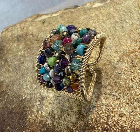 Large Gold Plated Wire Ring with Multi Colored Stones