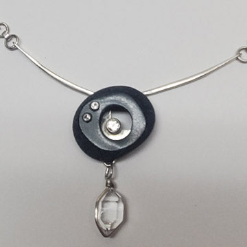 Sterling Basalt,White Topaz and Herkimer Crystal Necklace