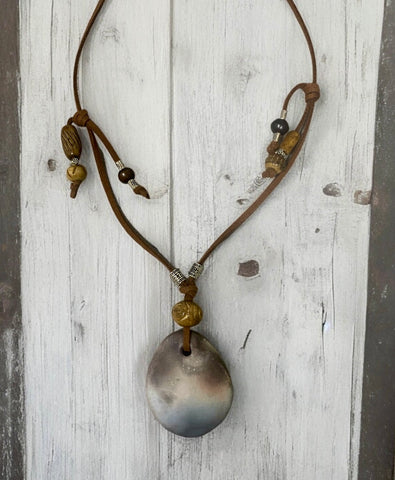 Stone Pendant with brown leather & beads