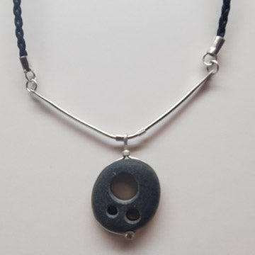 Sterling Basalt,White Sapphire on Leather Cord
