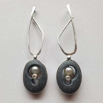 Sterling Basalt, Pearl and White Sapphire Earrings