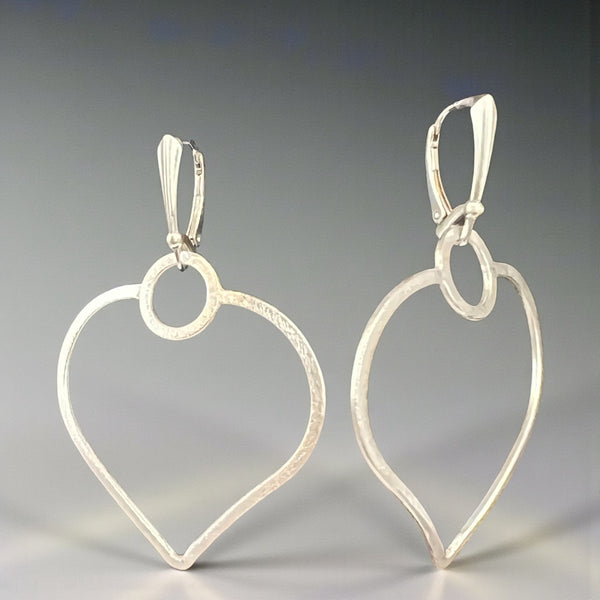 Long Open Silver Heart Lever Back Earrings