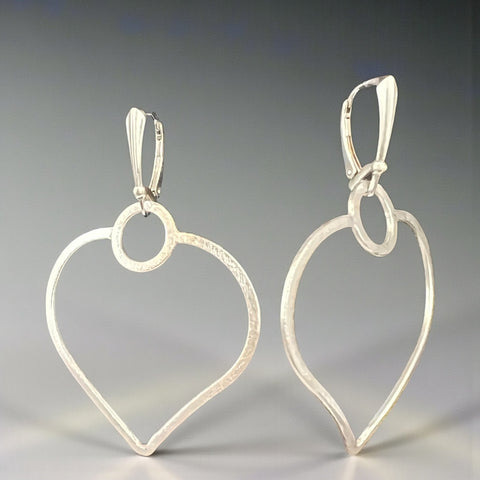 Long Open Silver Heart Lever Back Earrings