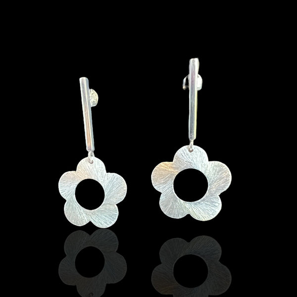 Open Flower Post Drop Earrings (Silver)