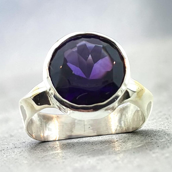 Round Amethyst Ring with Carved Sterling Silver Band