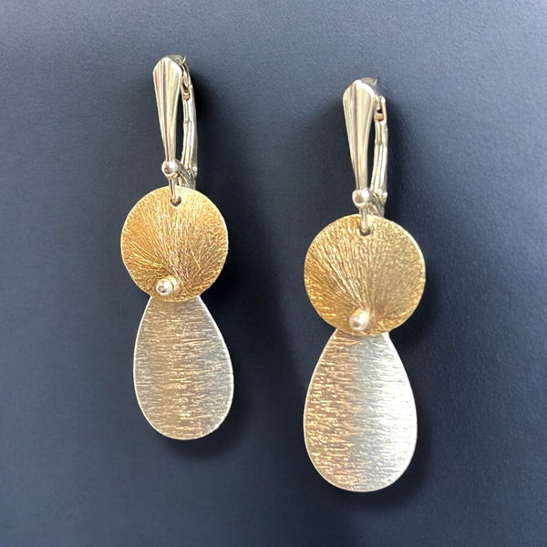 Teardrop and Circle Riveted Gold and Silver Dangle Earrings