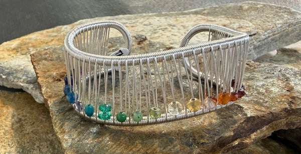 Kinetic Sterling Silver Wave Bracelet with Rainbow Stones