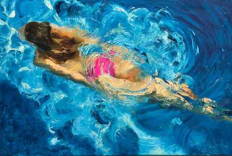 Red suit swimmer splashing in choppy waters oil painting 