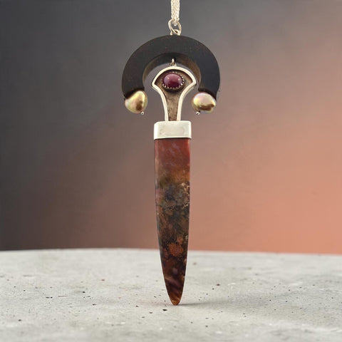 Agate, Ruby Pearl and Grenadilla Wood Pendant