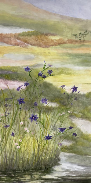 purple wildflowers in hilly Florida landscape; watercolor on paper
