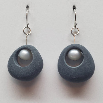 Egg Shaped Basalt and Pearl Earrings