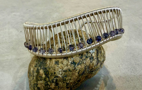 Sterling Silver Wave Cuff Bracelet with 3mm round Iolite beads