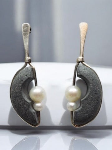 Half Moon Sterling Basalt Earrings with Pearls