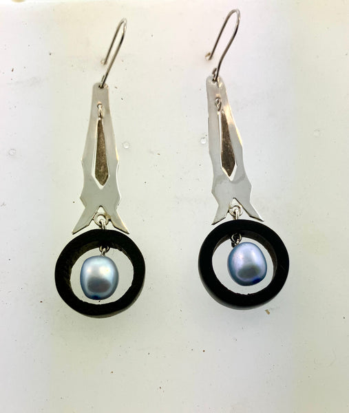Pearl, Grenadilla Wood Earrings